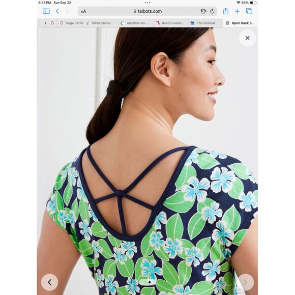 T by Talbots Blue Green Hawaiian Print Dress Tie Waist Navy Trimmed Caged Back - Picture 4 of 16